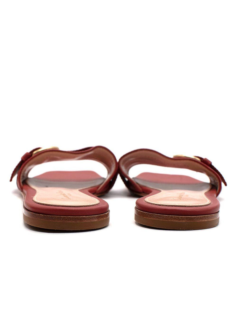 Gianvito Rossi Brick Red Buckle Detail Leather Slides