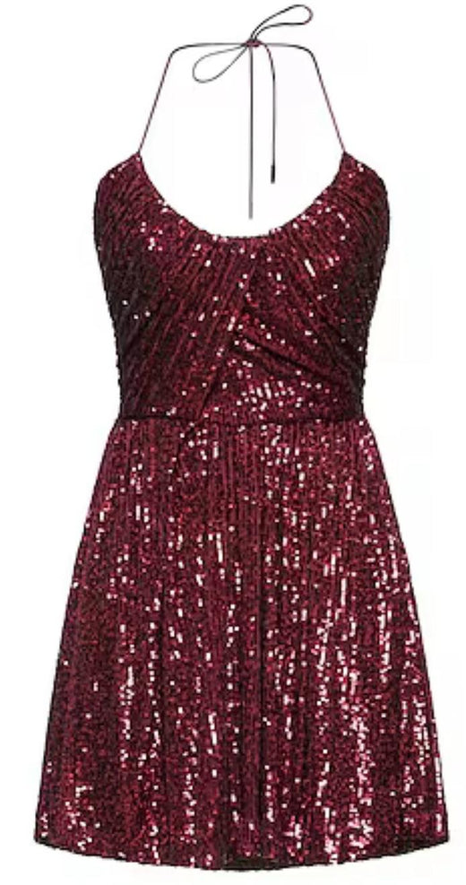 Saint Laurent Burgundy Sequin Halter Neck Mini Dress