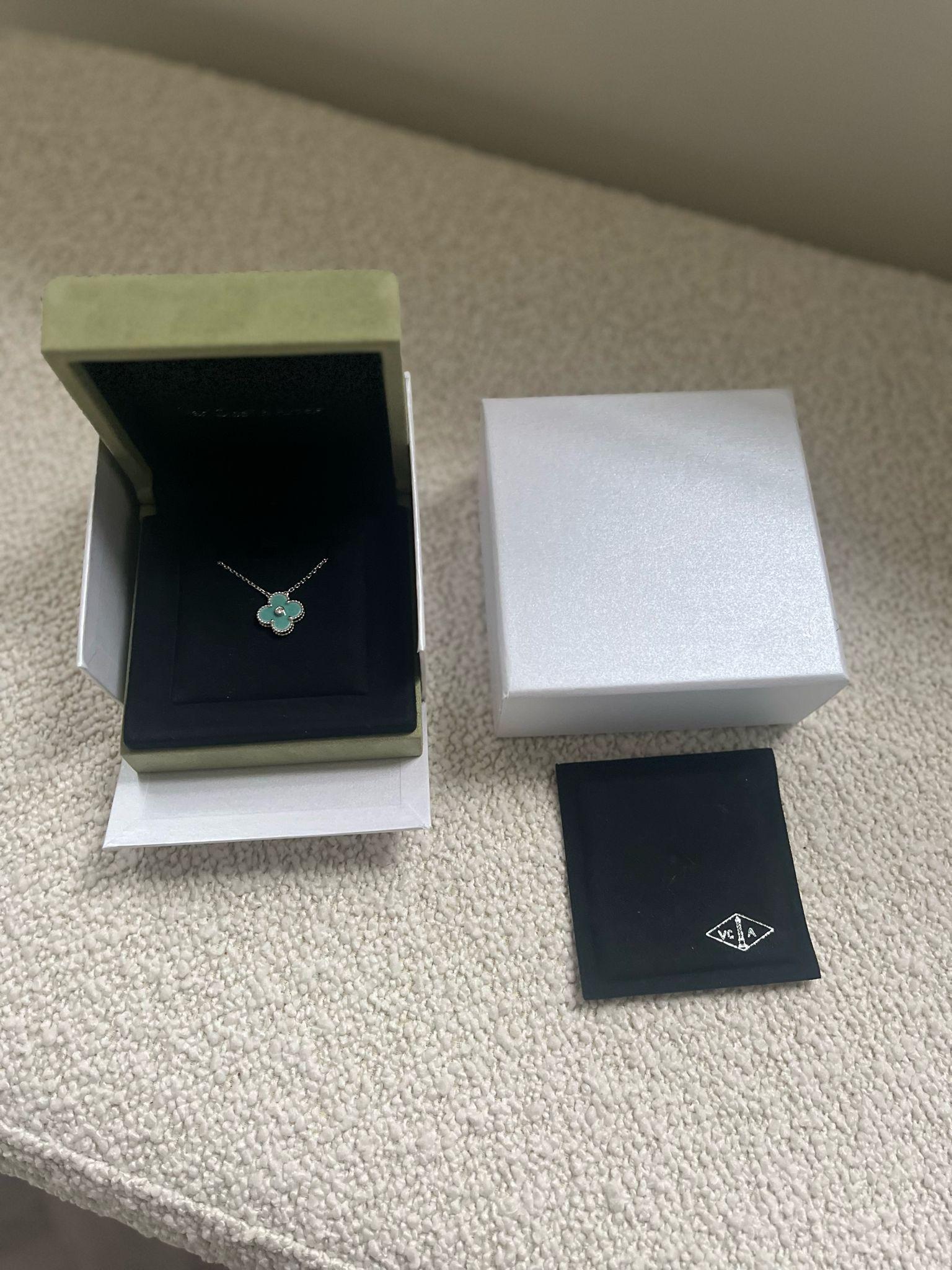 Van Cleef & Arpels White Gold Celadon Green Alhambra 2023 Holiday Pendant