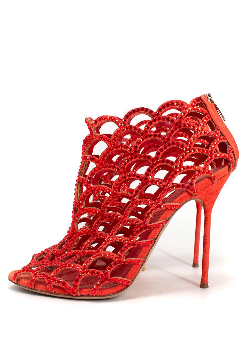 Sergio Rossi Orange Crystal Embellished Caged Heels