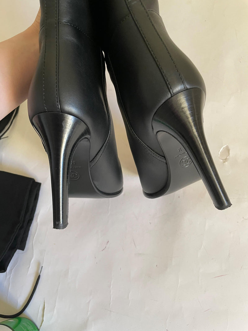 Black Leather CC Heeled Knee High Boots