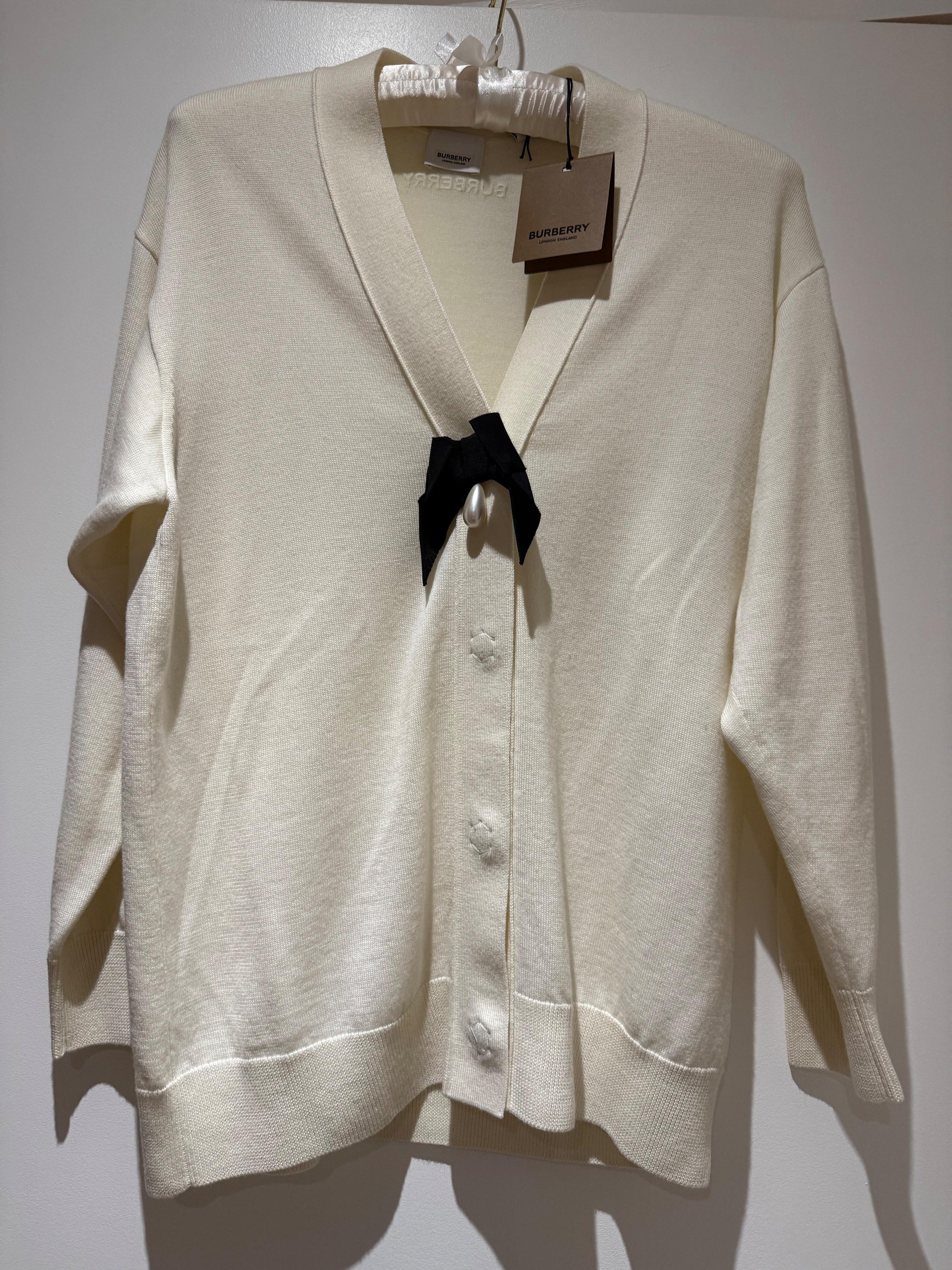 Burberry White  Bow and Pearl Detail Cardigan