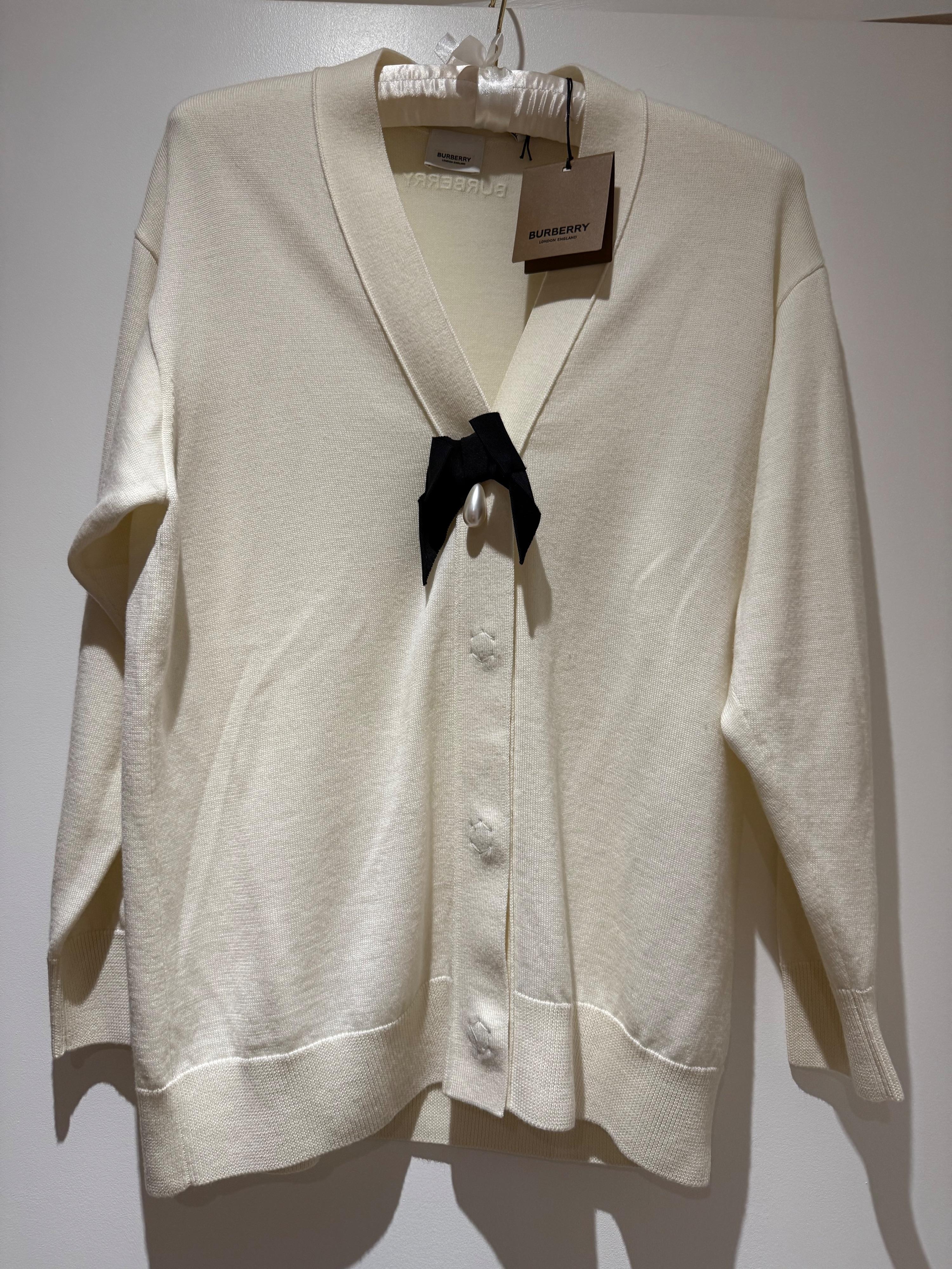 Burberry White  Bow and Pearl Detail Cardigan