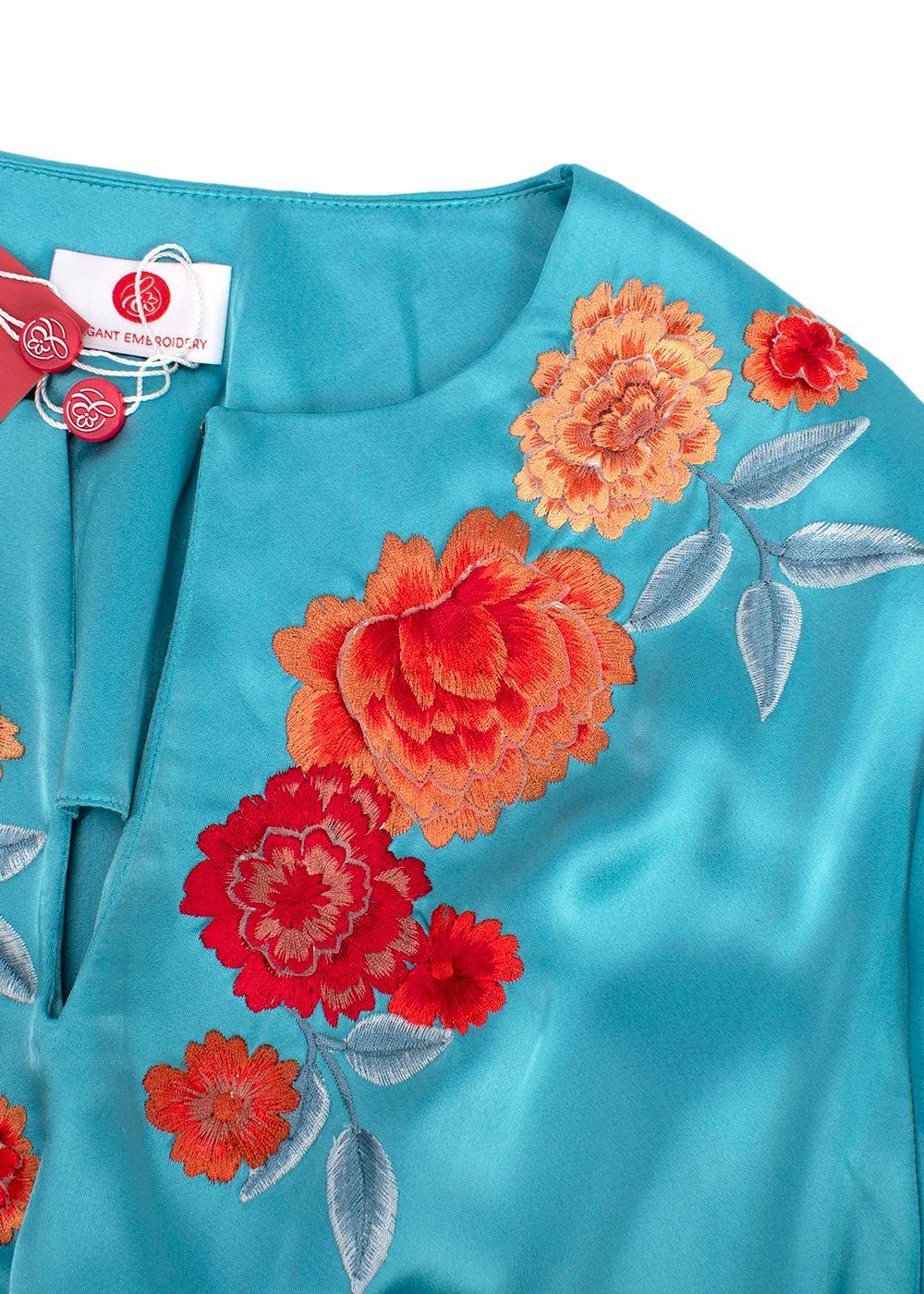 Elegant Embroidery Teal Satin Floral Applique Kaftan