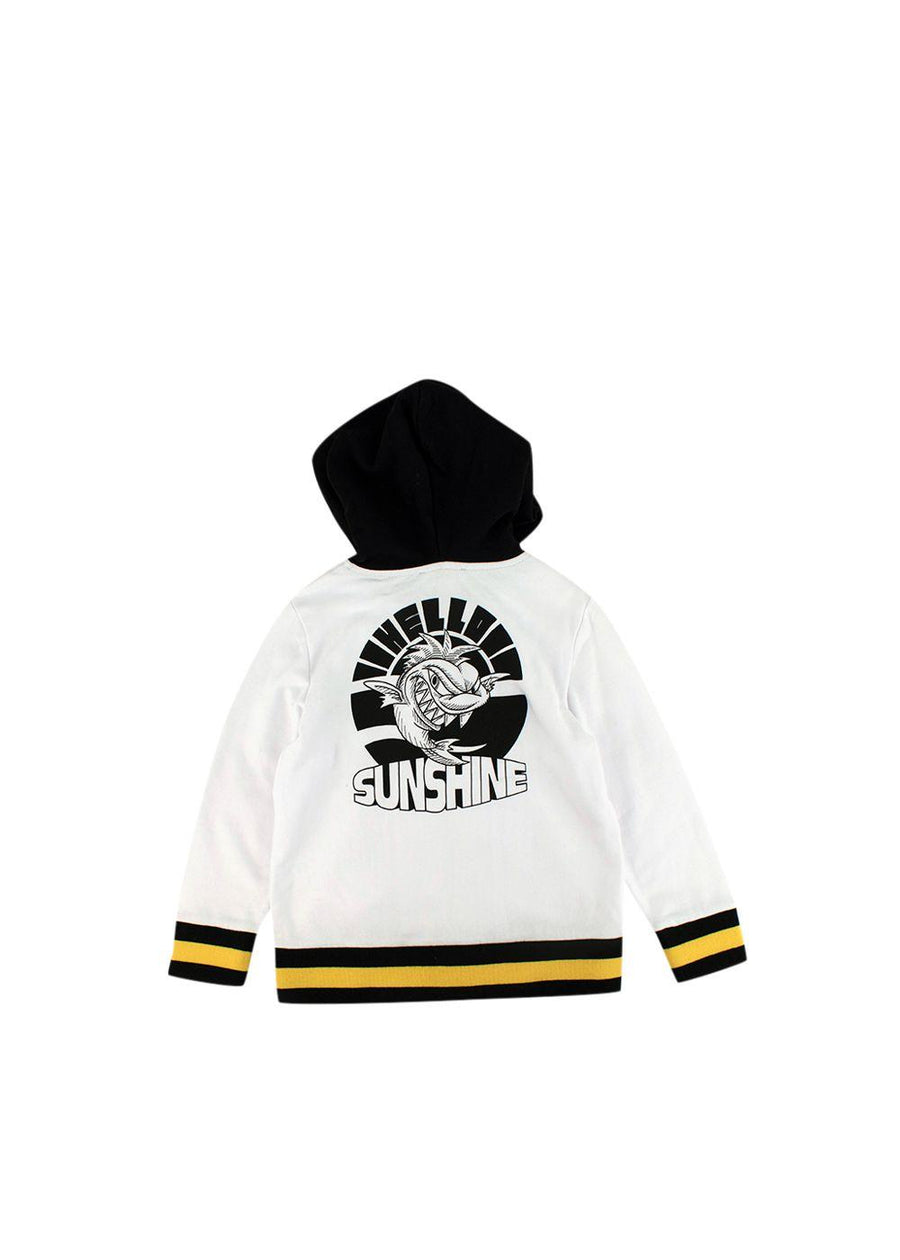 White Zipped Hoodie With Contrasting Yellow And Black Striped Hem and Cuffs
