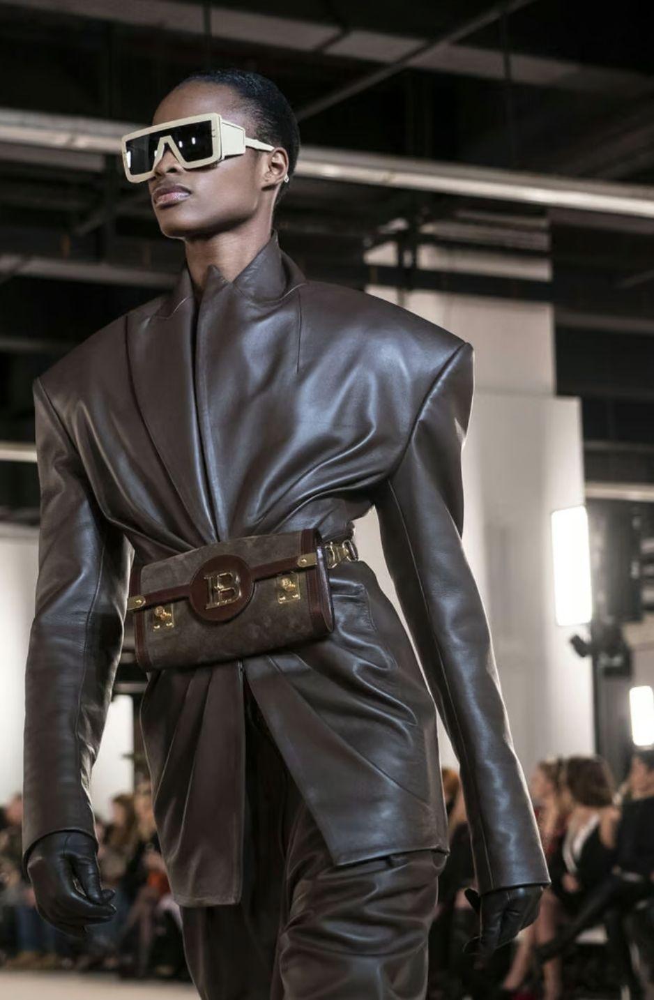 Balmain Brown Ruched Leather Blazer