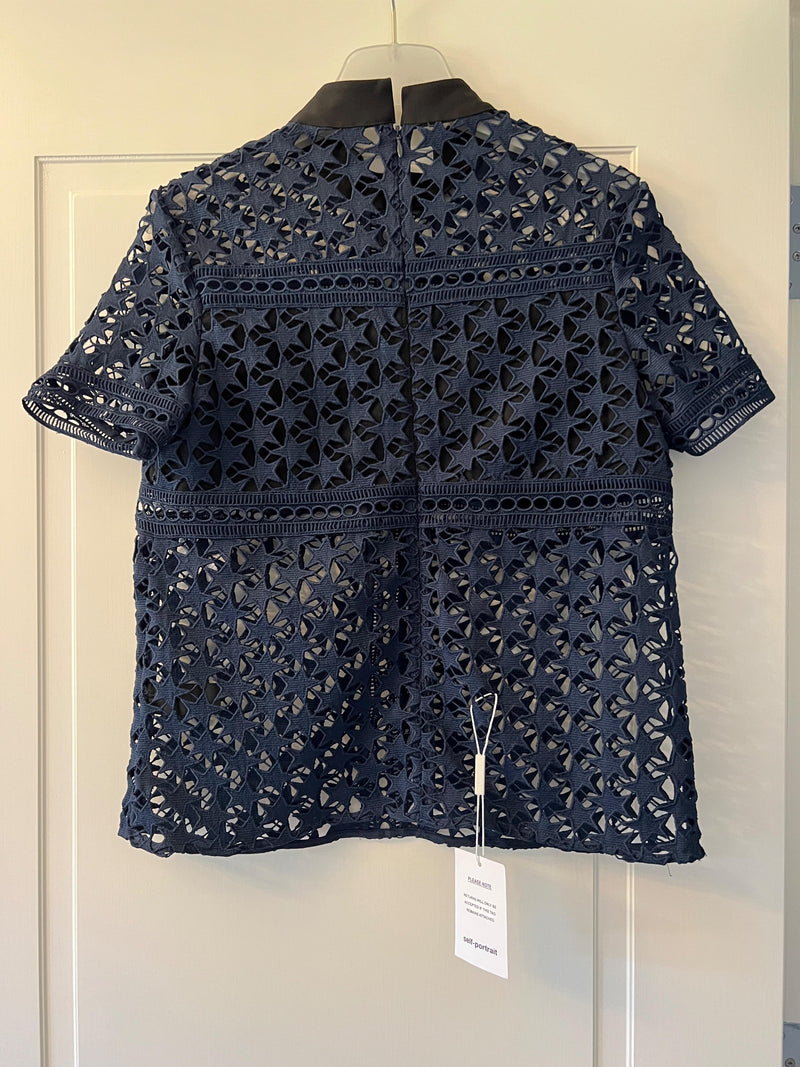 Navy Blue Star Lace Short Sleeved Blouse