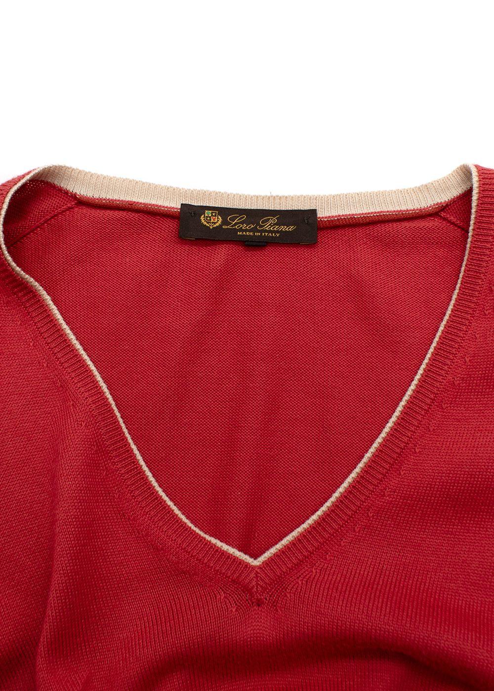 Loro Piana Red V Neck Long Sleeve Cotton Knit Jumper