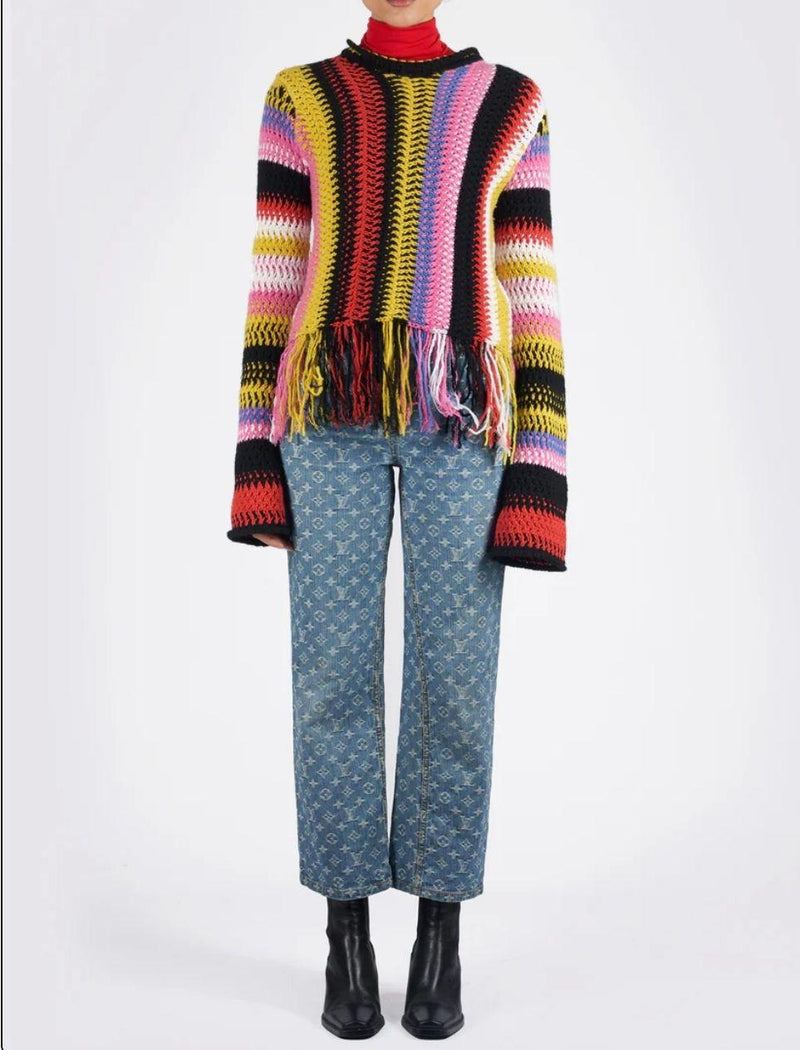 Chloe Multicoloured Fringe Stripe Macrame Sweater