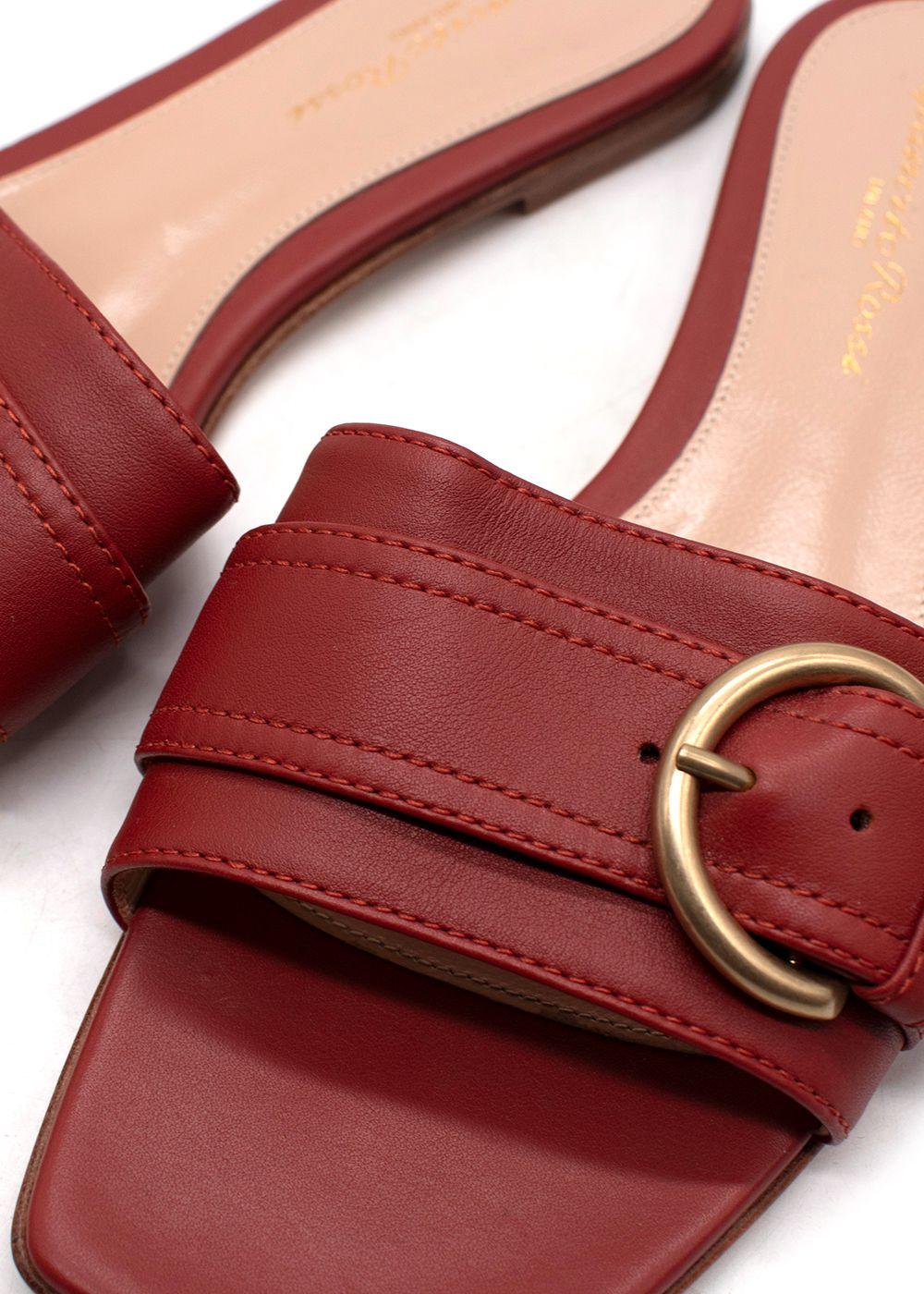 Gianvito Rossi Brick Red Buckle Detail Leather Slides