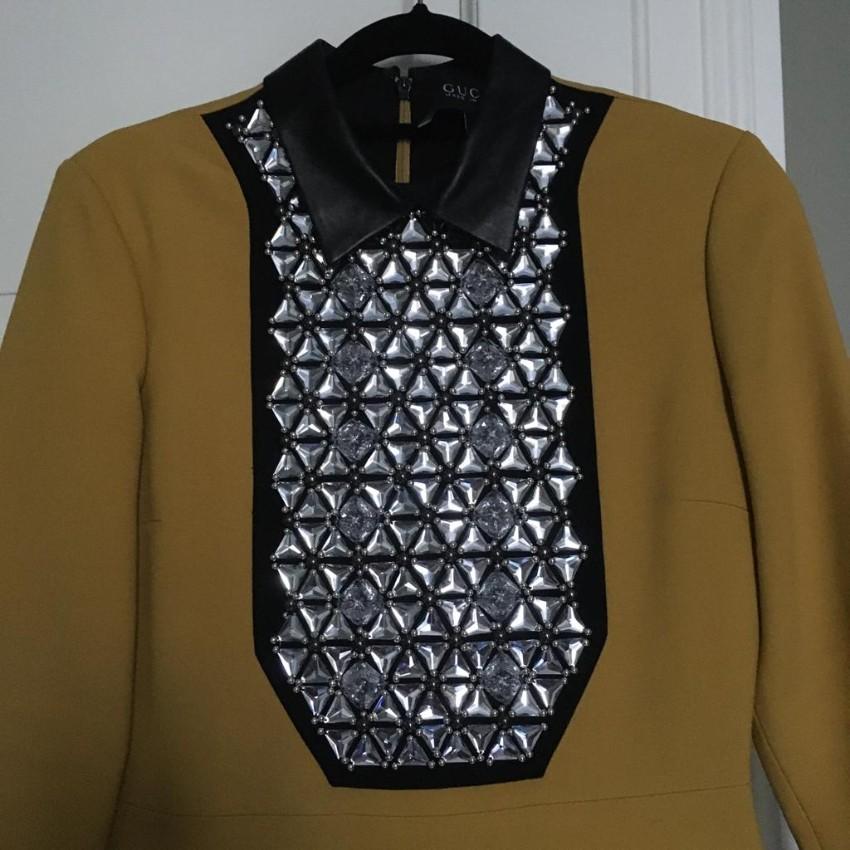 Gucci Yellow Embellished Crepe Dress with Leather Collar