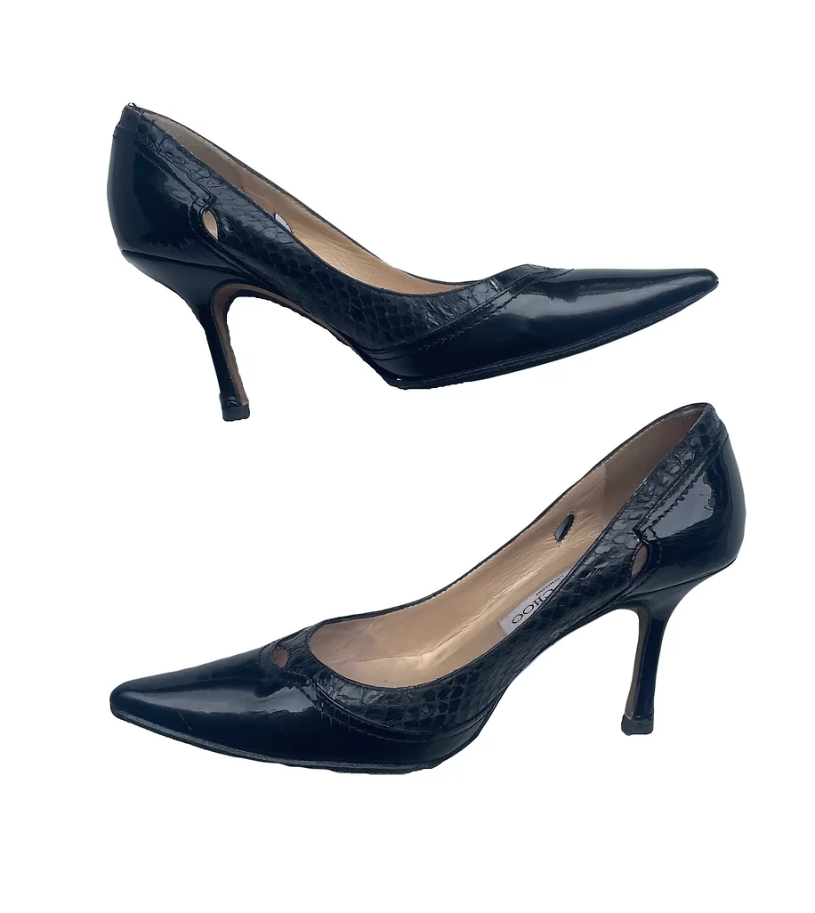 Black patent & snakeskin heeled pumps