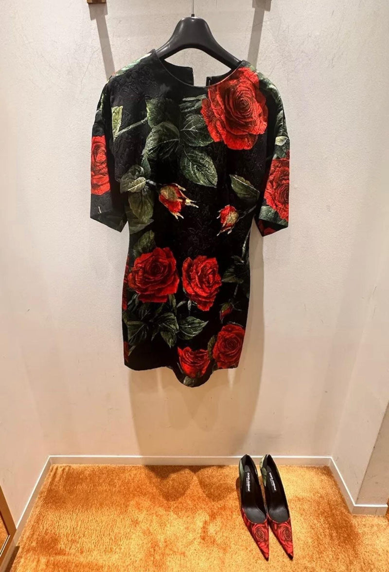 Red Rose Brocade Mini Dress