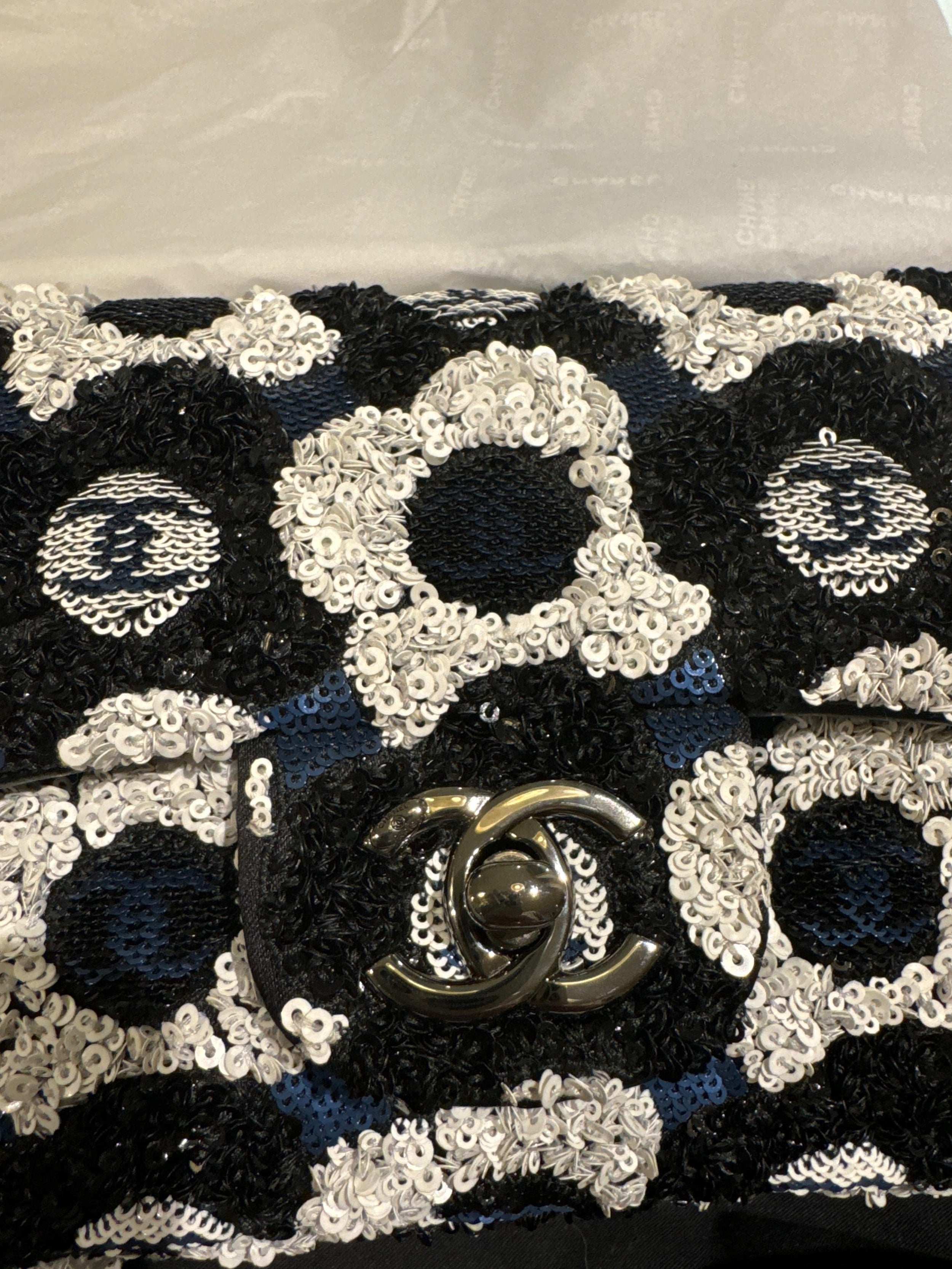 Chanel Black Floral Sequin Flap Bag
