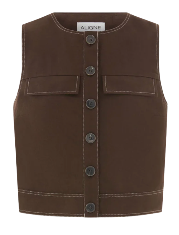 Aligne Summer Linen Mix Button Top in Chocolate