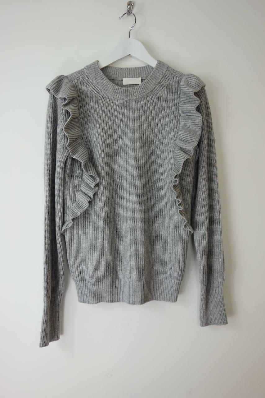 grey ribbed frilled shoulder jumper
