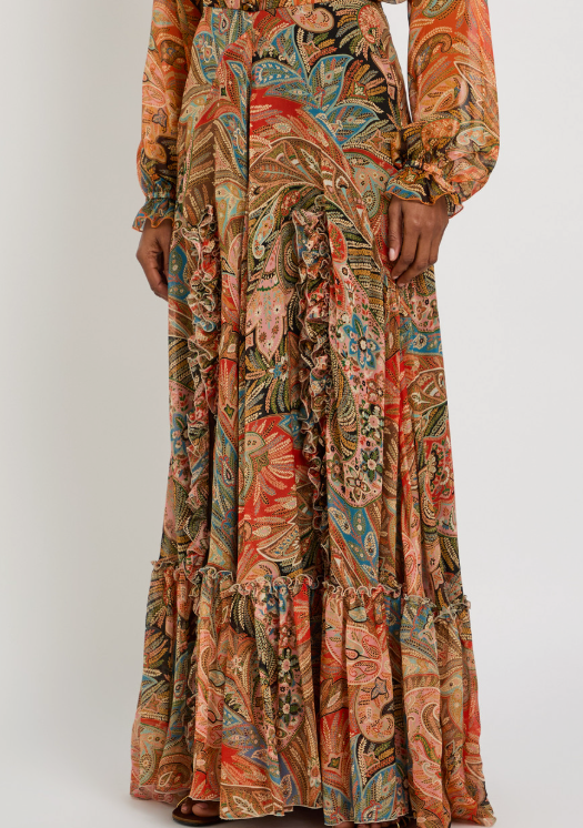 Etro Paisley Ruffled Silk Maxi Skirt