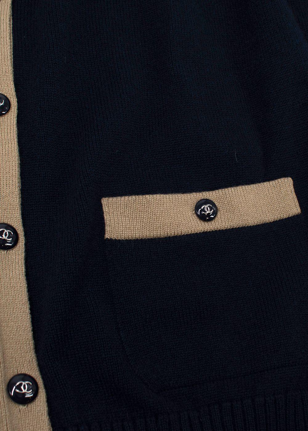 Chanel Contrast Trim Navy Cashmere Longline Cardigan