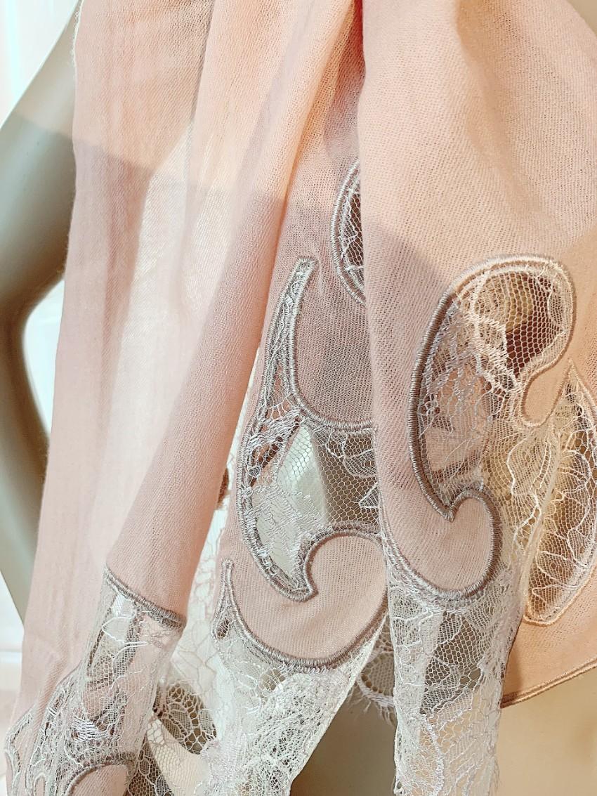 Emilio Pucci Floral Lace Trimmed Blush Wool & Cashmere Scarf