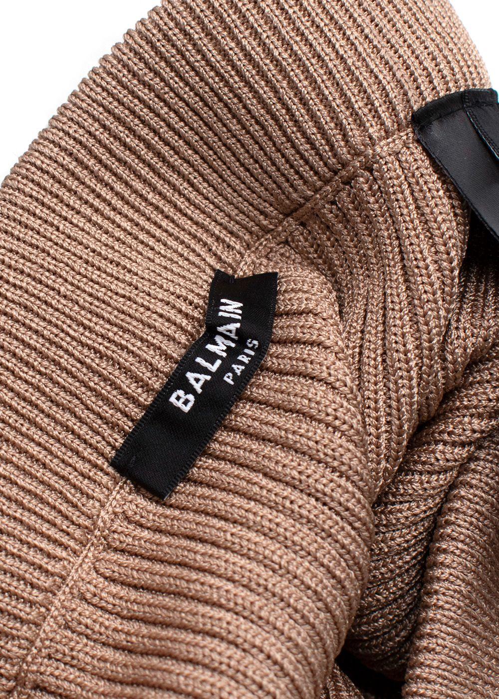 Balmain Camel Ribbed Knit Mini Skirt with Gold Button Detail