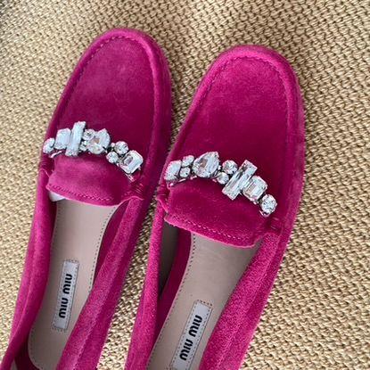 Fuschia Pink Embellished Suede Moccasins