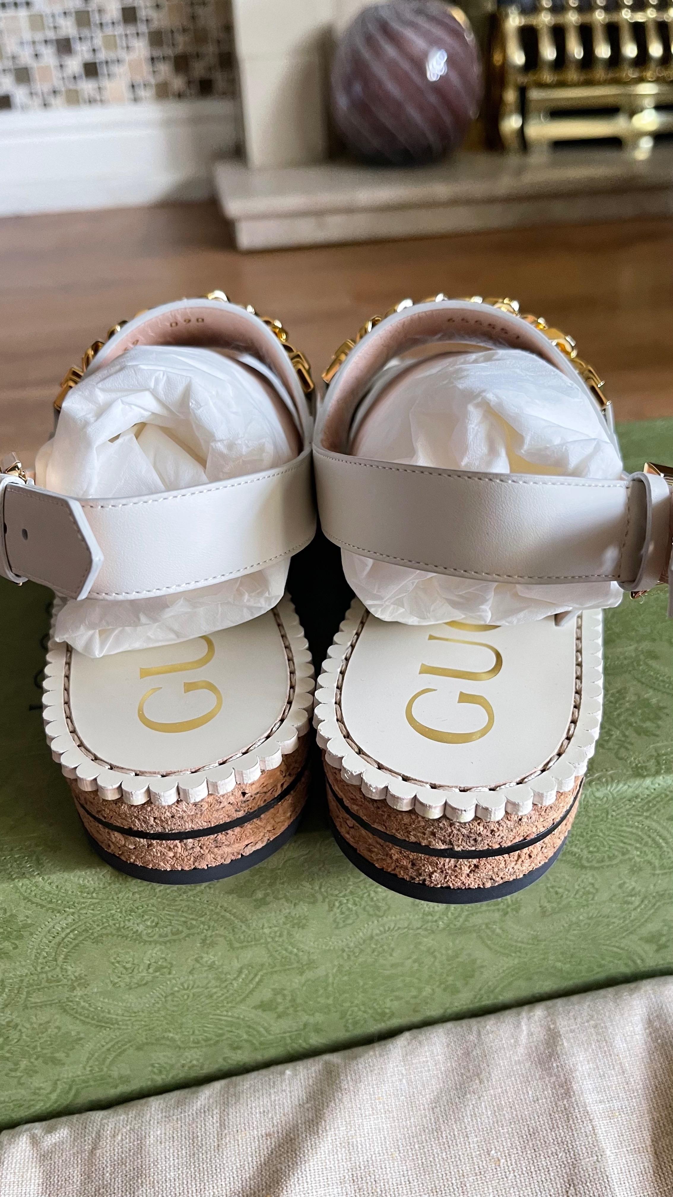 Cream leather chain embellished sandals