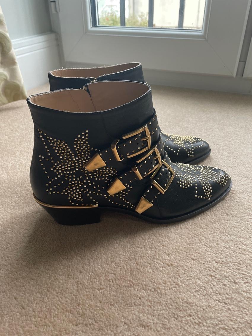 Chloe Black Leather Susanna Gold-Tone Studded Ankle Boots