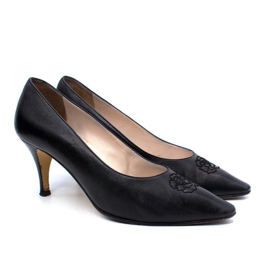 Chanel Black Leather Camellia Embroidered Vintage Pumps