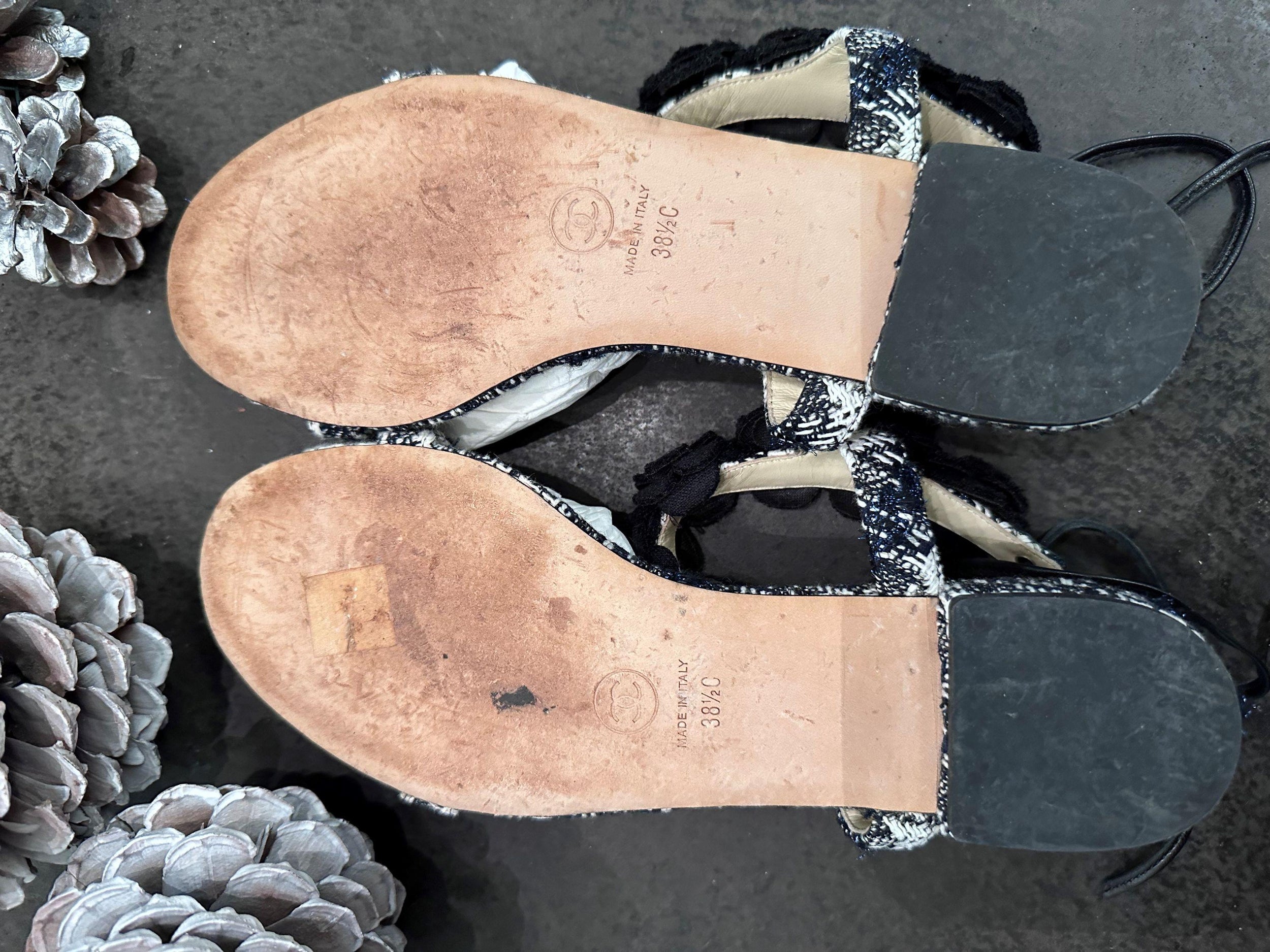 Chanel Black and White Tweed Camellia Embellished Sandals