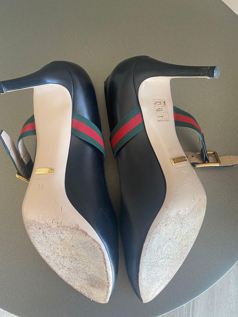 Black leather Sylvie heeled Mary Jane pumps