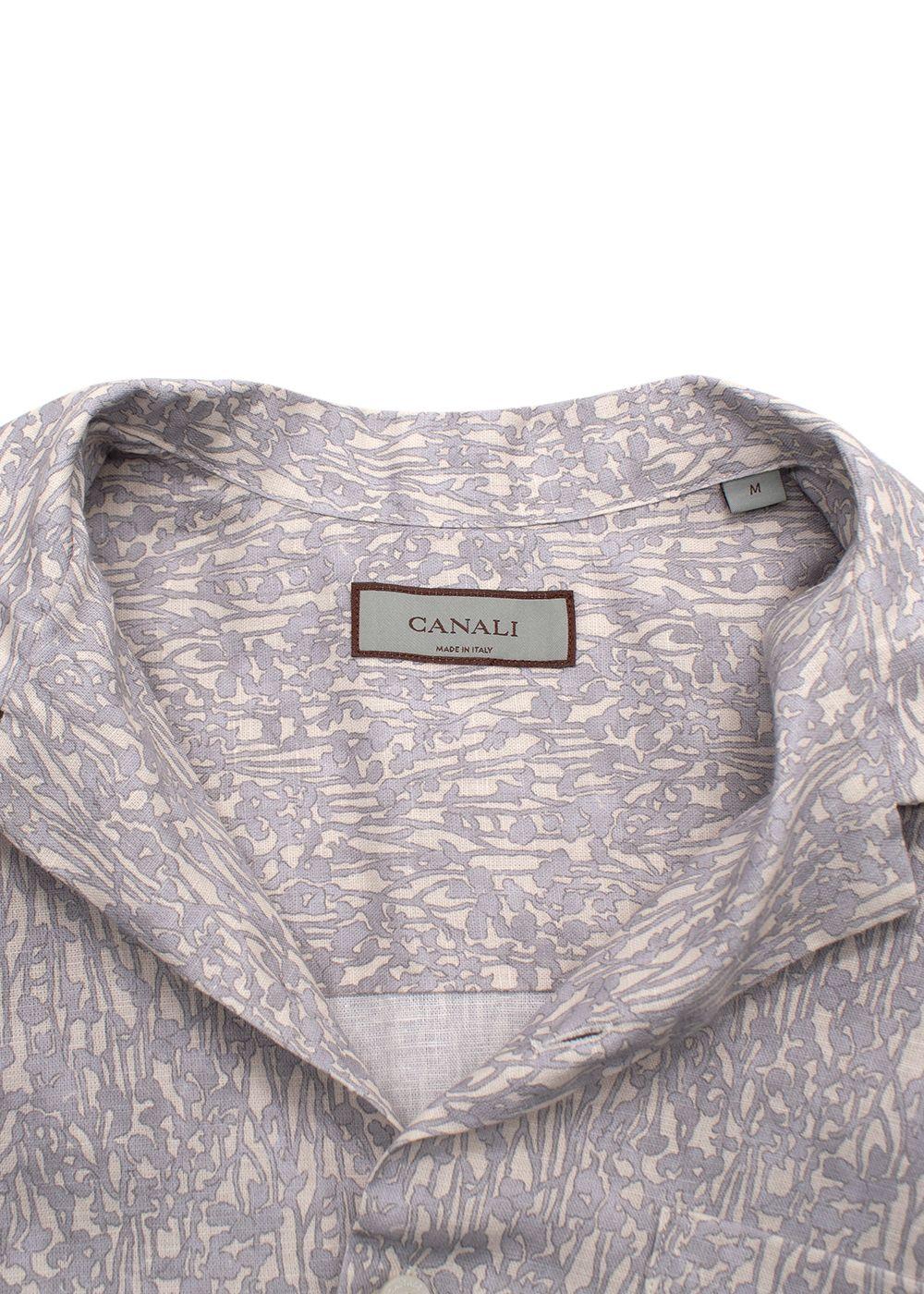 Canali Grey Botanical Pattern Short Sleeve Linen Shirt