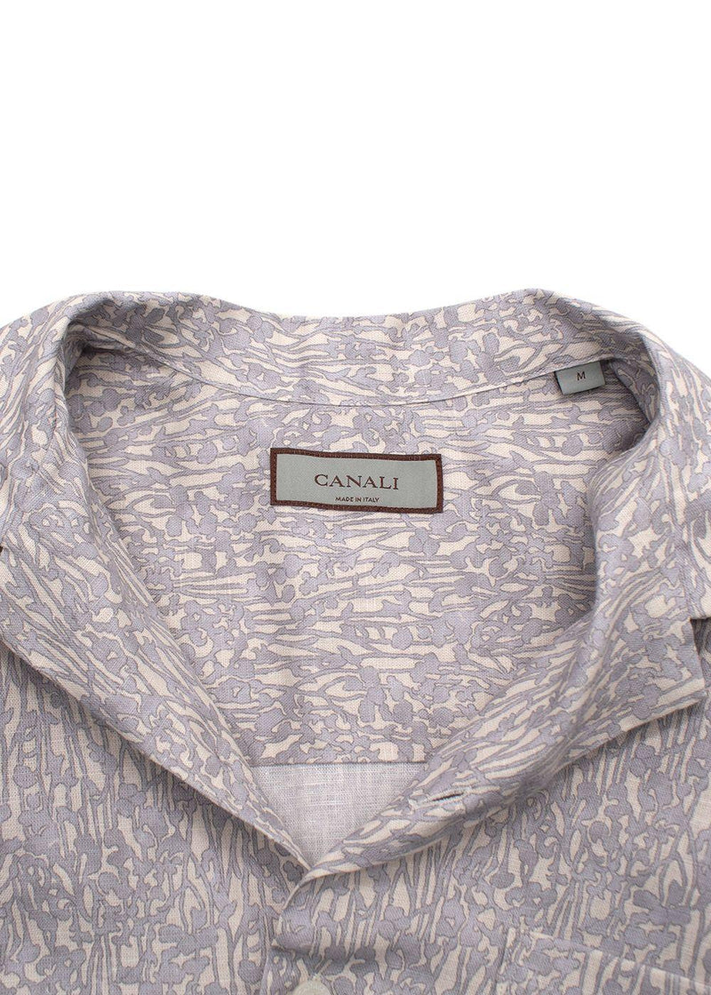 Canali Grey Botanical Pattern Short Sleeve Linen Shirt