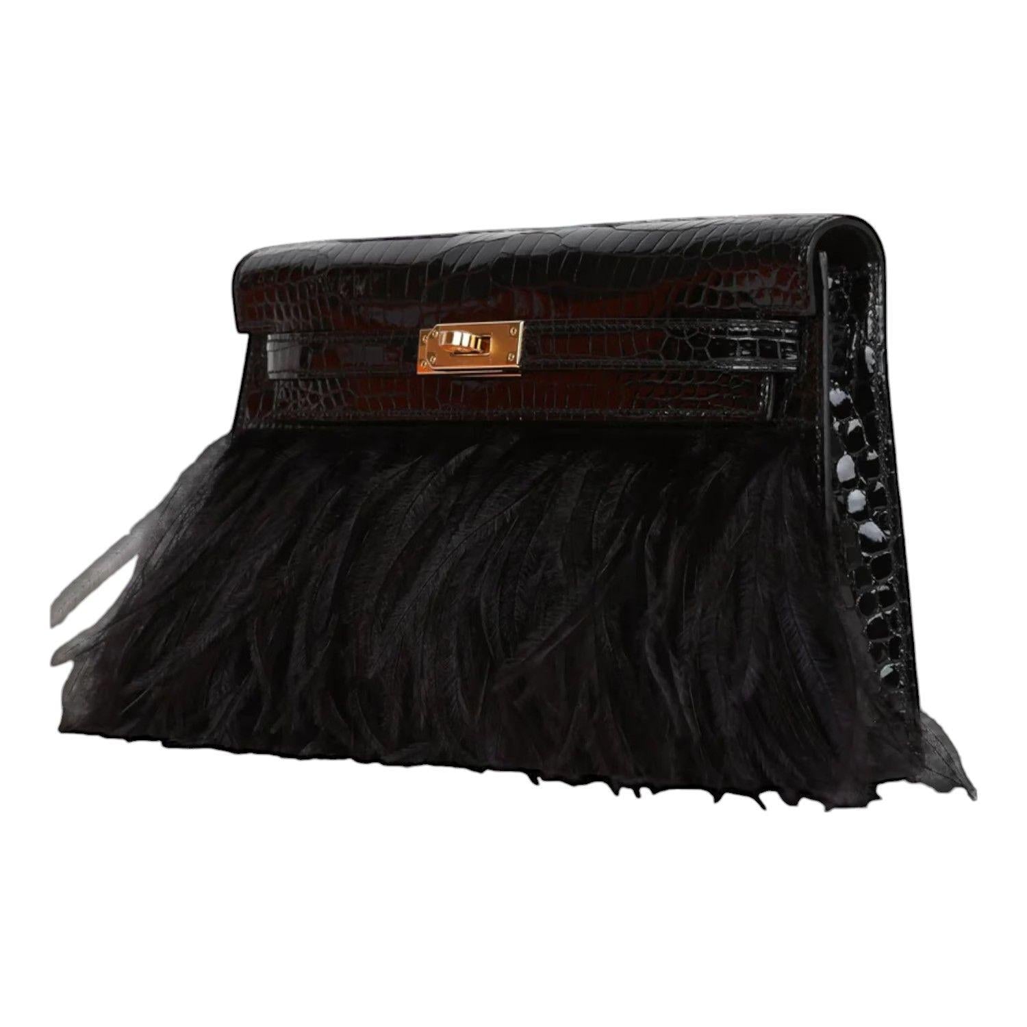 Hermès Kelly Elan Folie Black Crocodile Porosus Lisse Noir / Ostrich Feather And Gold Hardware