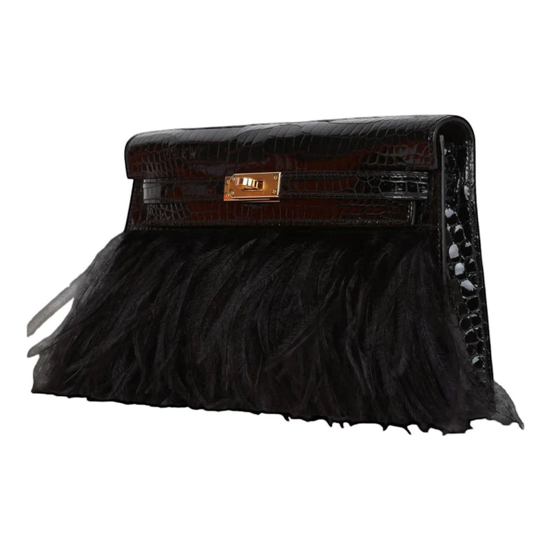 Hermès Kelly Elan Folie Black Crocodile Porosus Lisse Noir / Ostrich Feather And Gold Hardware