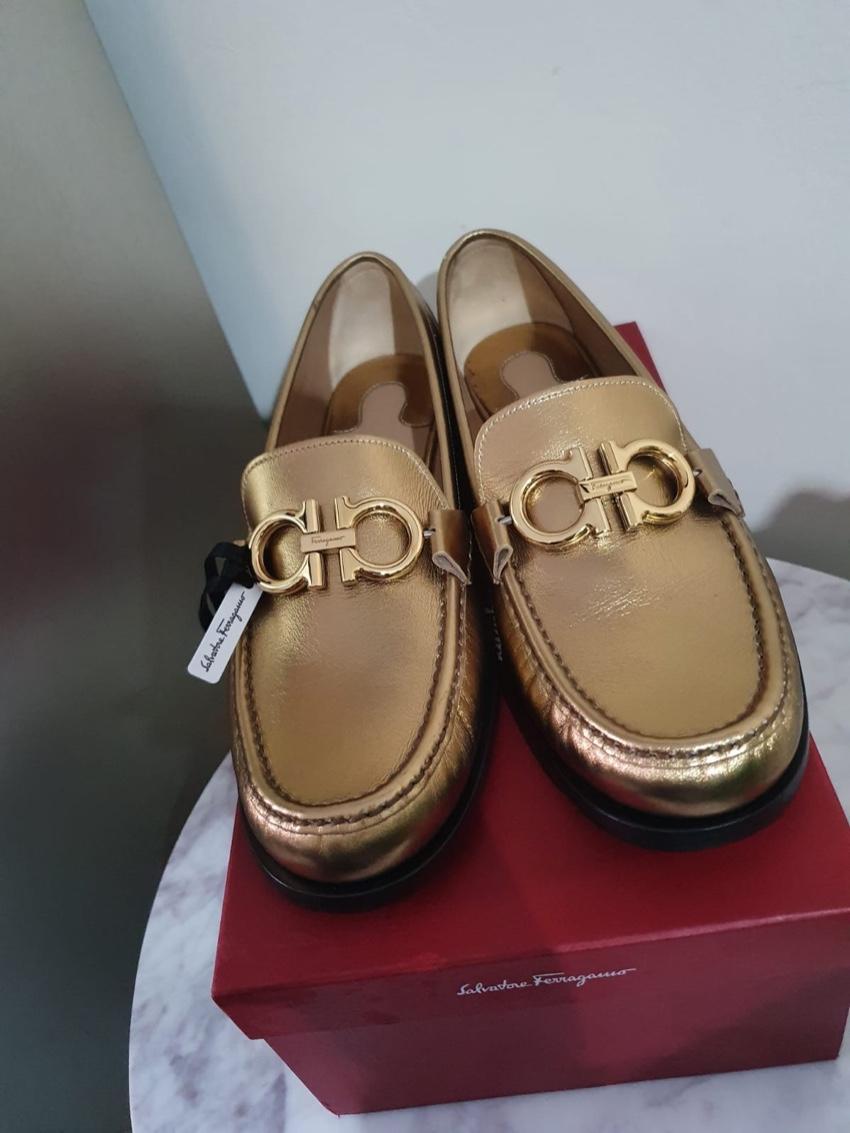 Ferragamo Metallic Leather Rolo Loafers