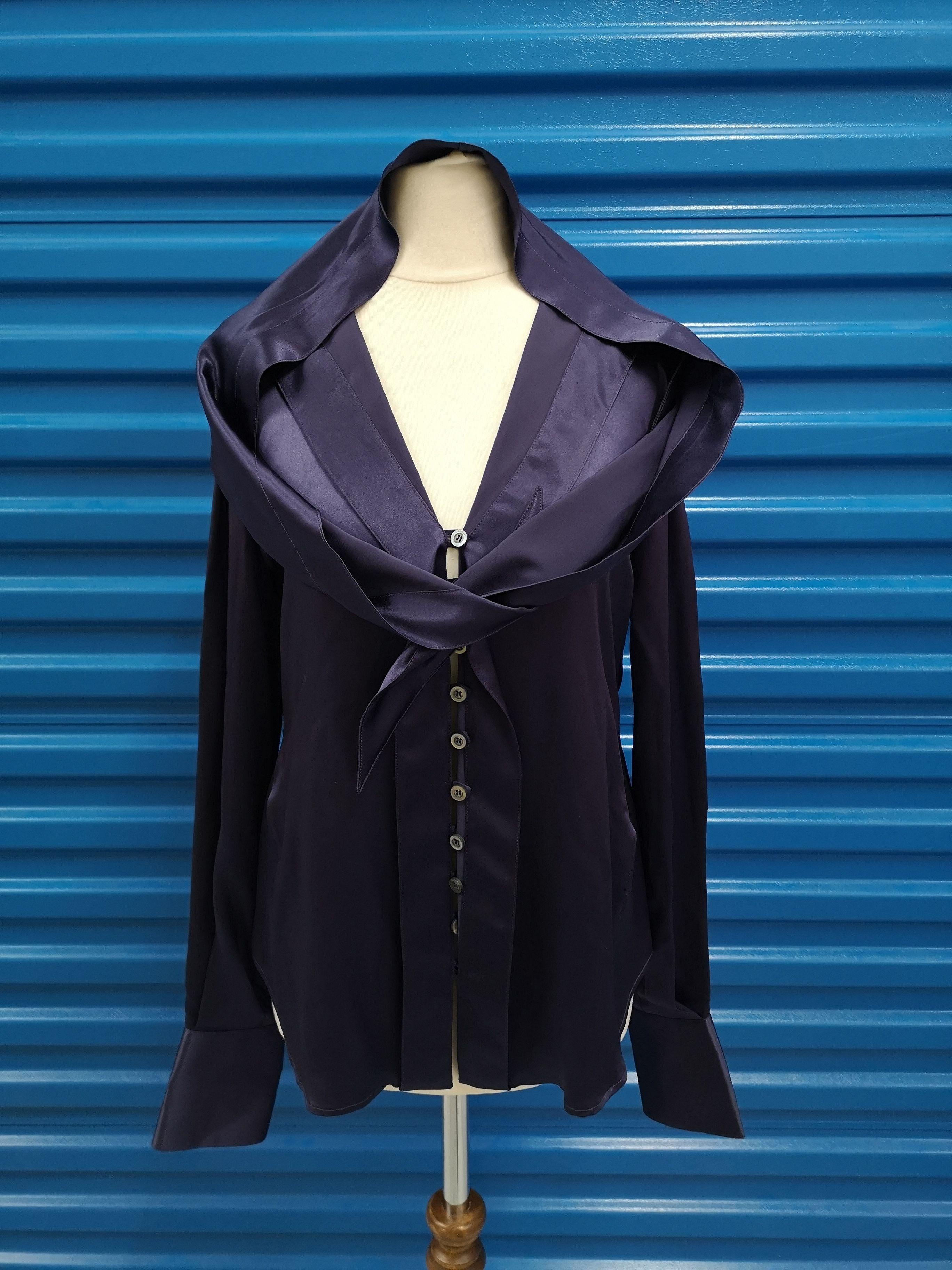 Salvatore Ferragamo Blue Shawl Collar Silk Shirt