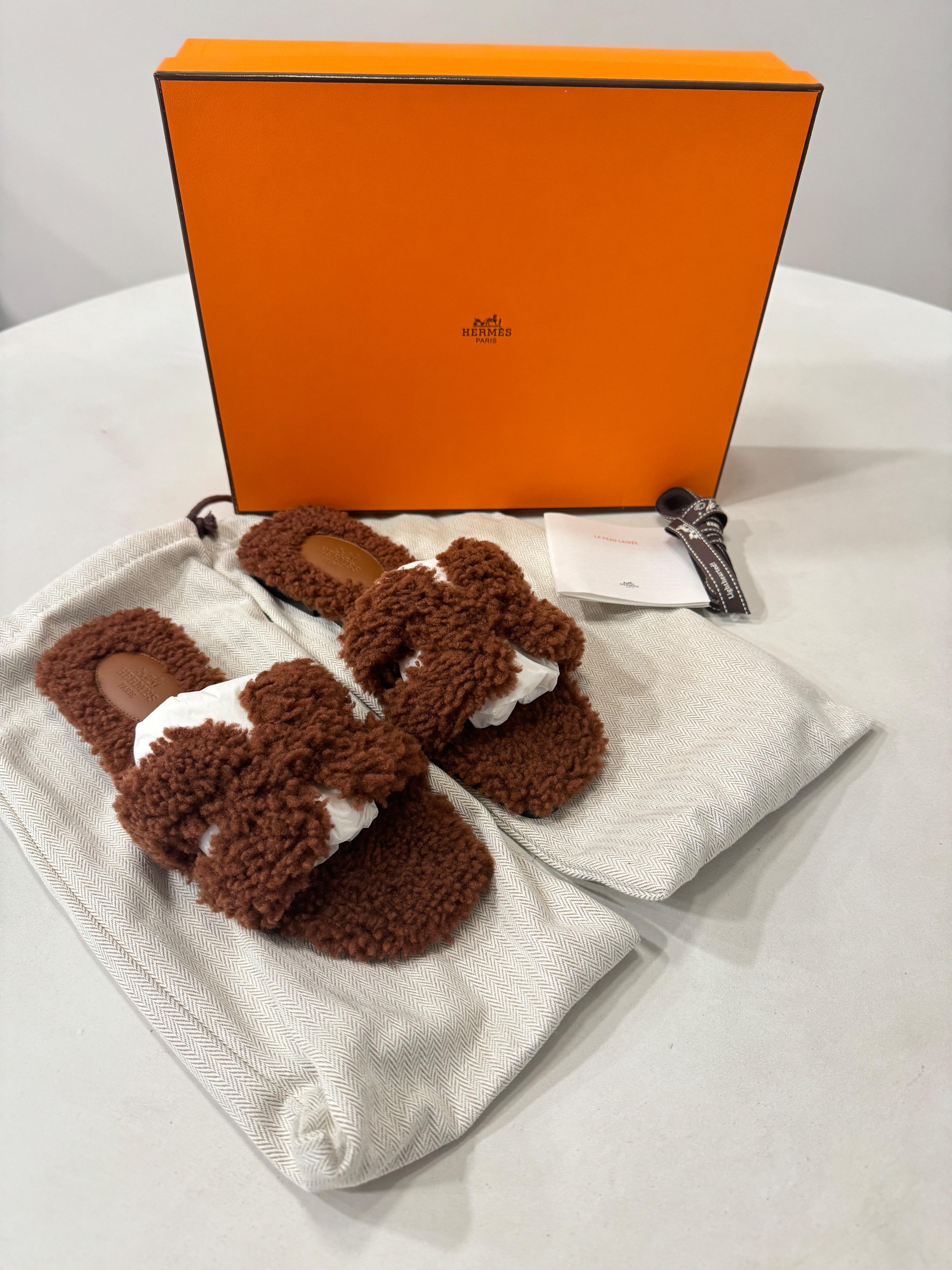 Hermes Cognac Fluffy Oran Sandals