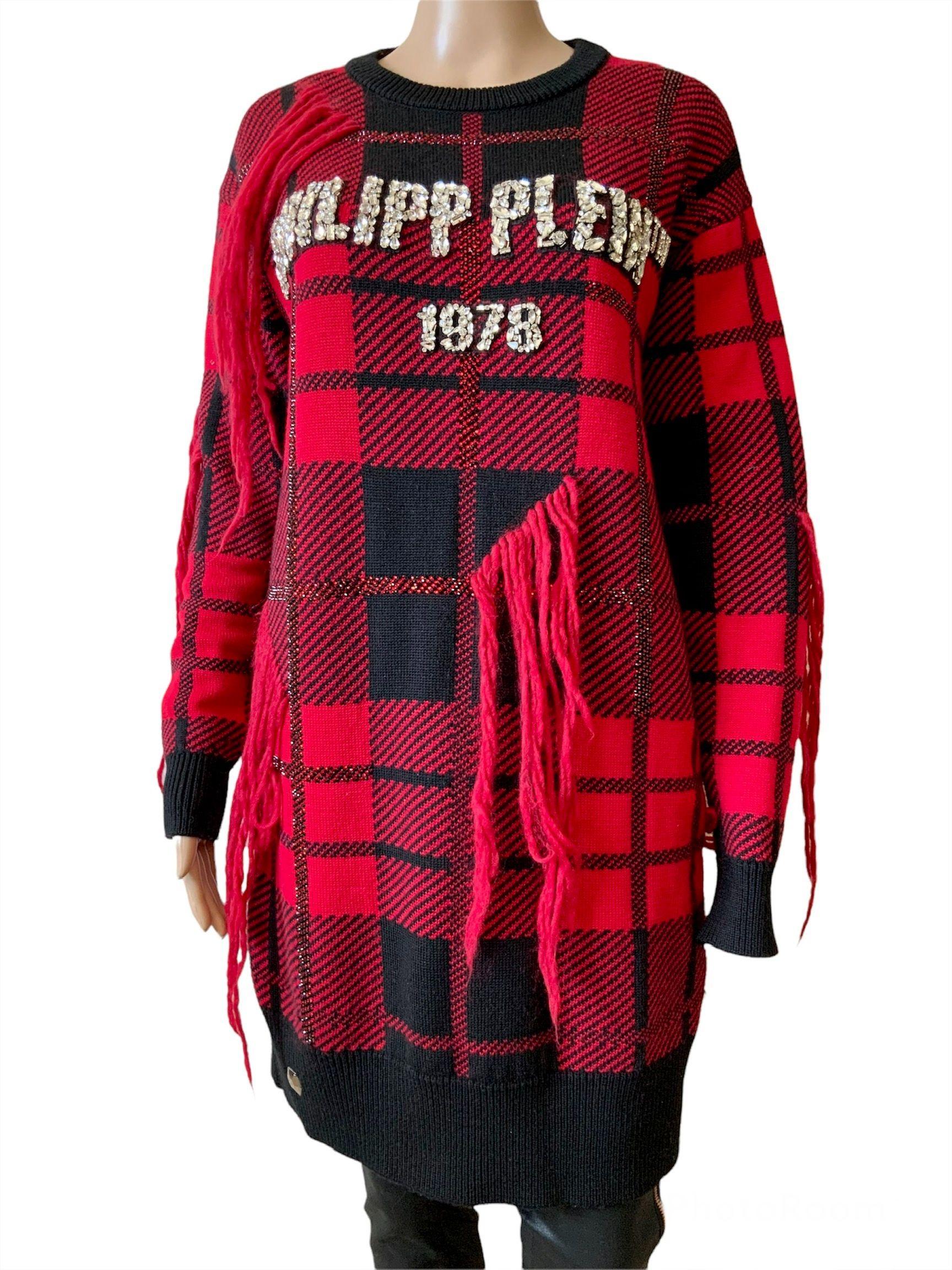 Red & Black Plaid Knit Crystal Embellished Sweater Dress