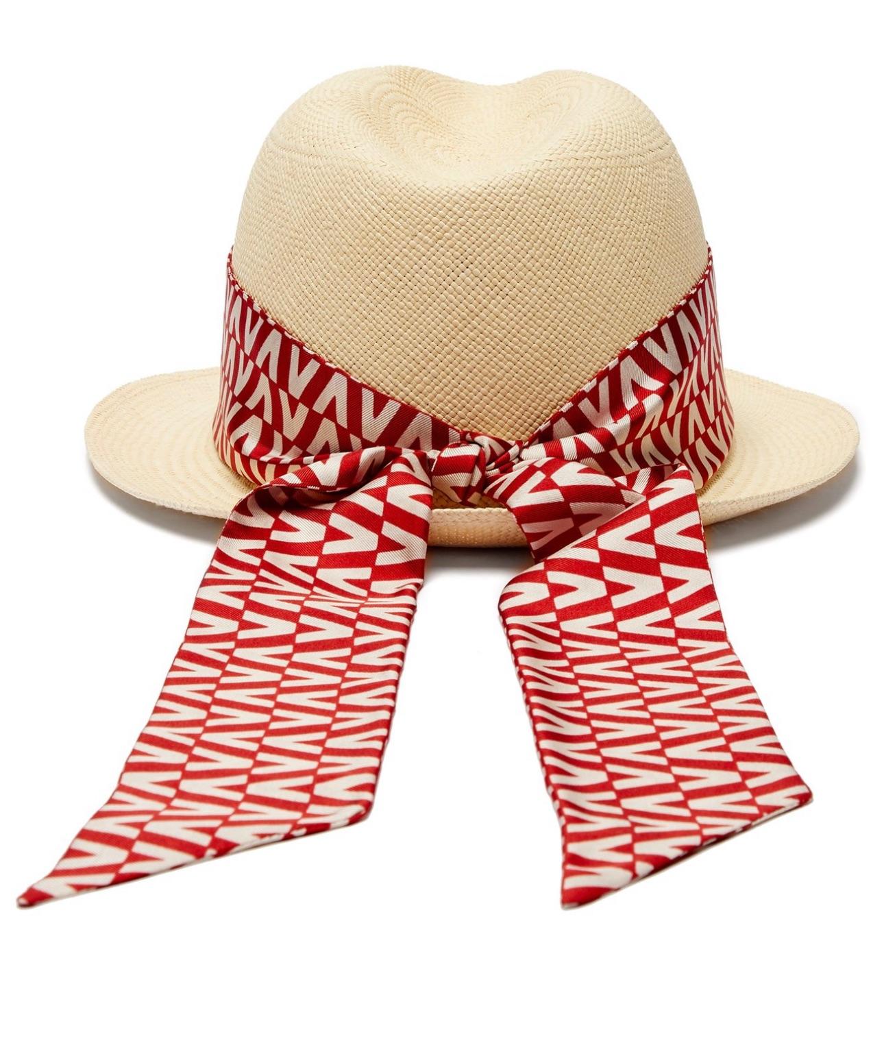 Logo Silk Scarf Wrapped Straw Hat