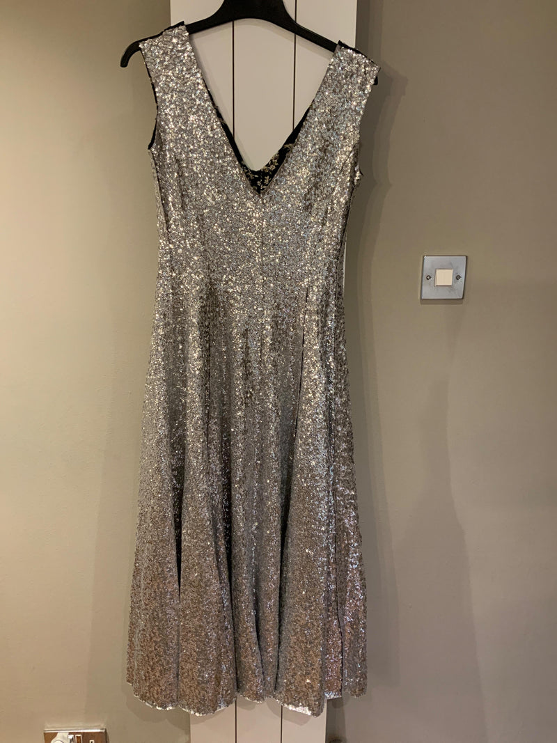 Norma Kamali Silver Sequin Overlapping Grace Dress