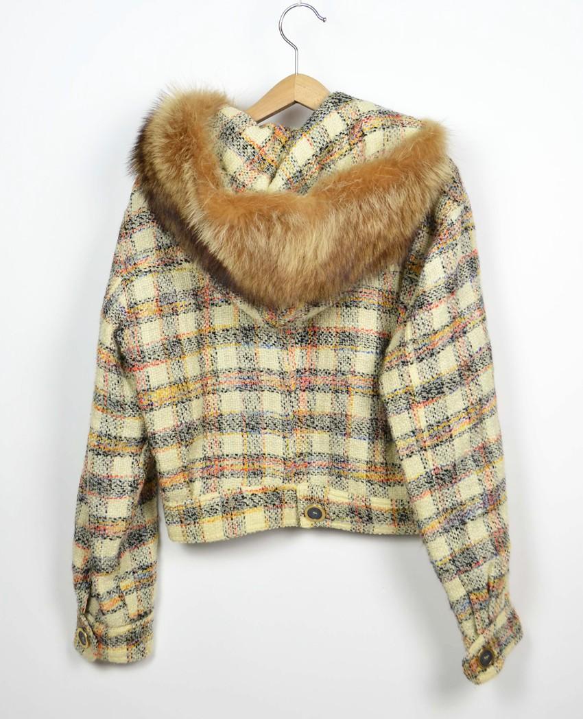Krizia Wool Blend Fur Trim Check Jacket