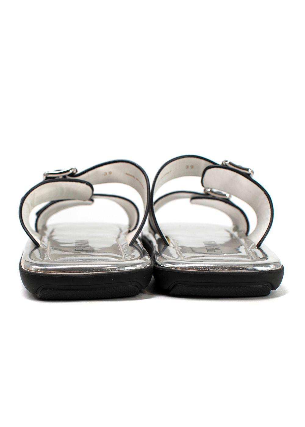 Prada White and Silver Leather Buckle Sandals