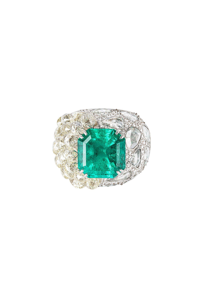 Diamond & Emerald 18ct White Gold - Size 52
