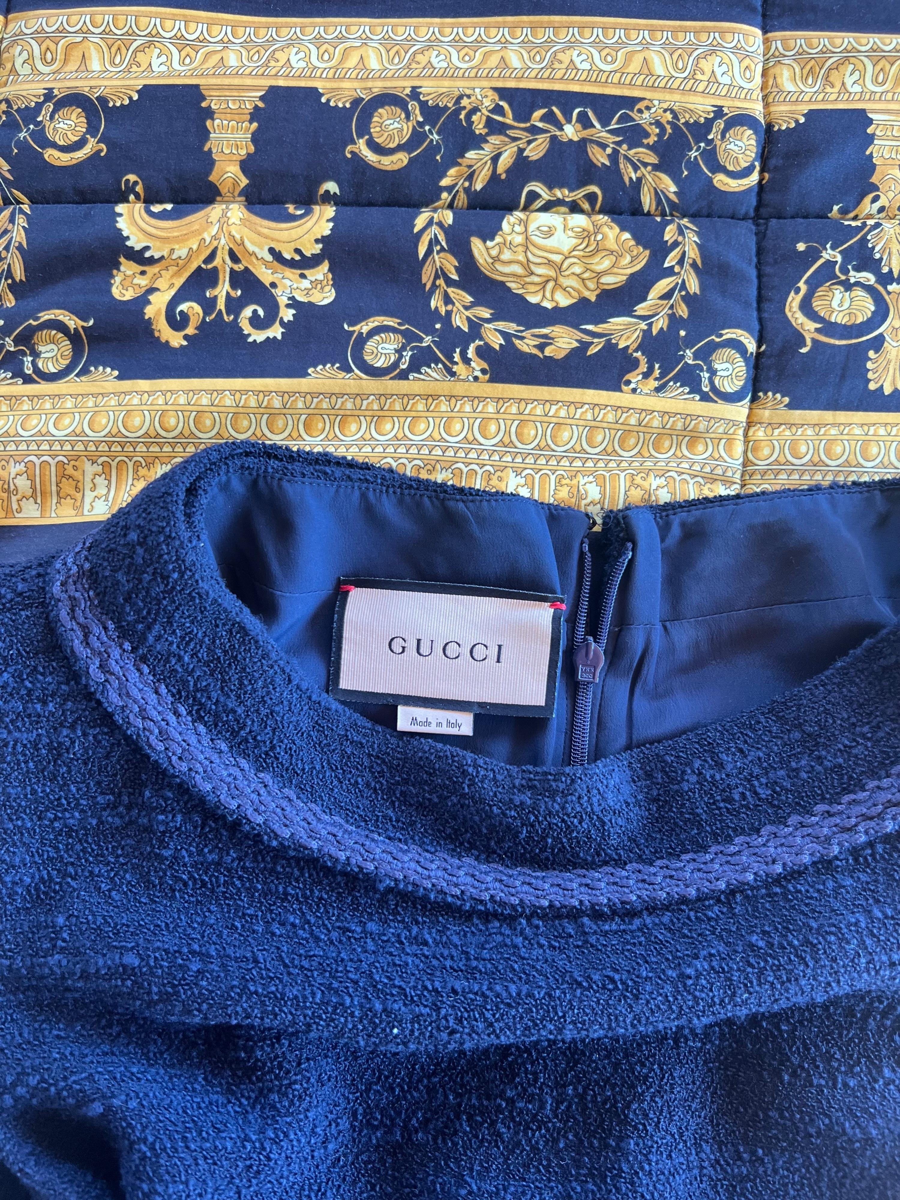 Gucci Navy Wool Blend Shift Dress with Gold Detail