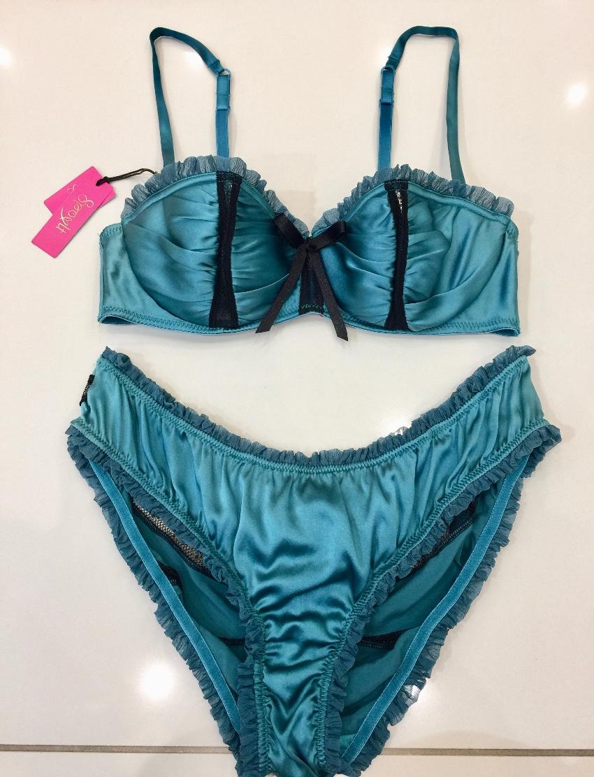 Spoyit Teal Silk Half Cup Bra & Brief Set