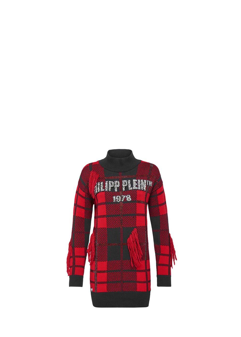 Red & Black Plaid Knit Crystal Embellished Sweater Dress
