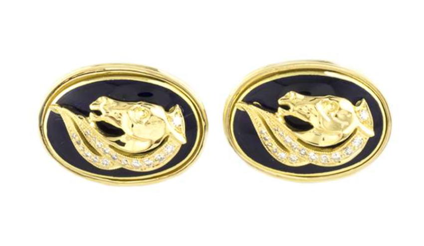 Bespoke Yellow Gold Enamel/Diamond Tie Slide & Cufflinks