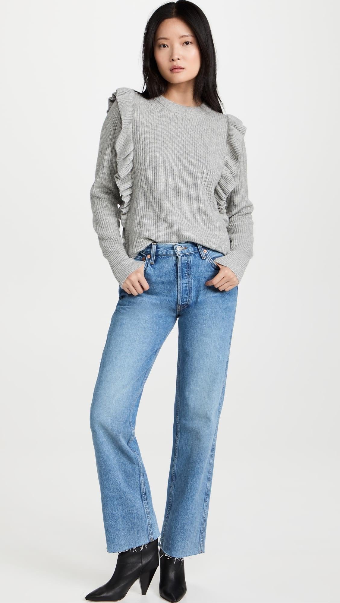 grey ribbed frilled shoulder jumper