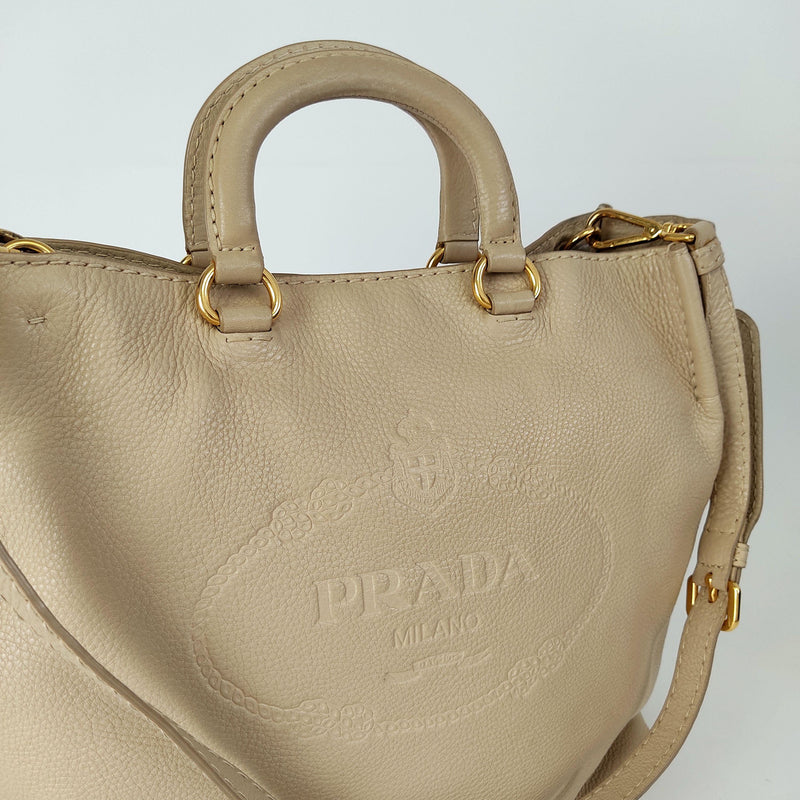 Beige leather logo embossed tote bag