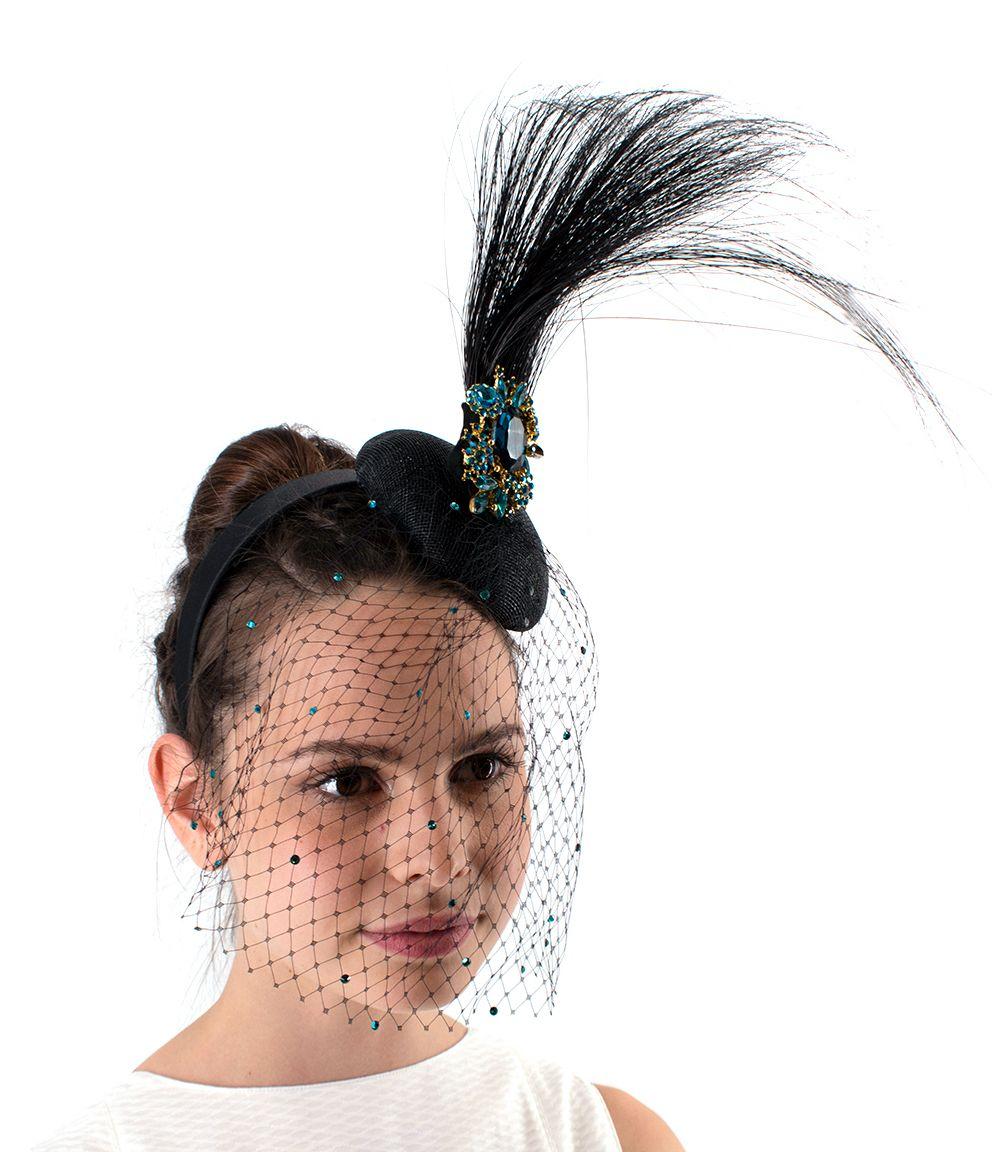 Black & Peacock Blue Crystal Embellished Mini Disc Fascinator with Veil